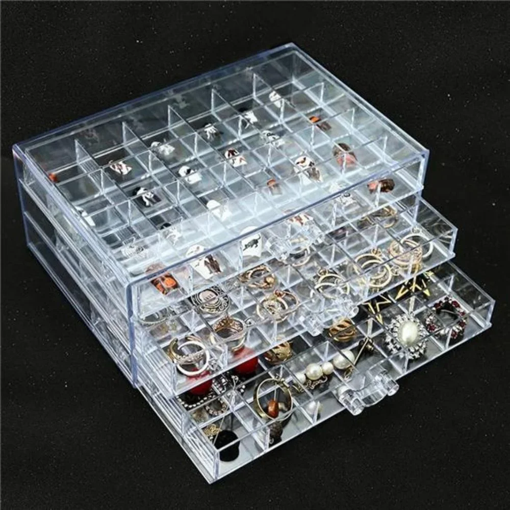 Earring Storage Box Organizer 3 Drawers Acrylic (Clear)